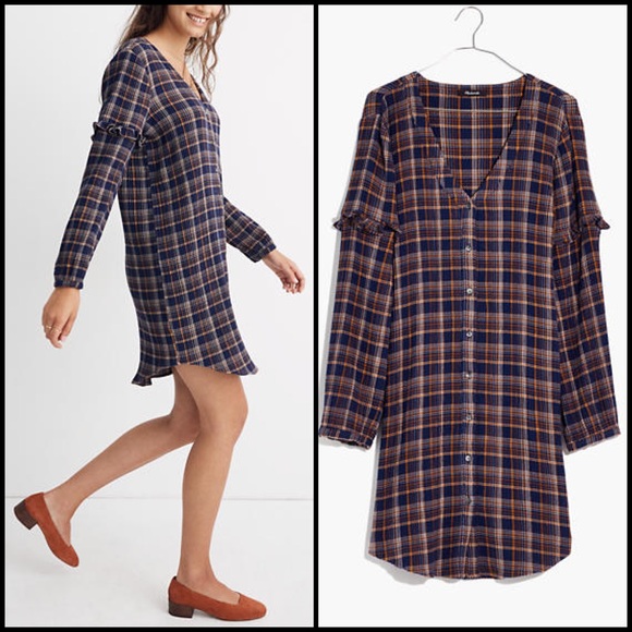 Madewell Dresses & Skirts - Madewell Plaid Ruffled Sleeve V-Neck Button Down Shirt Dress